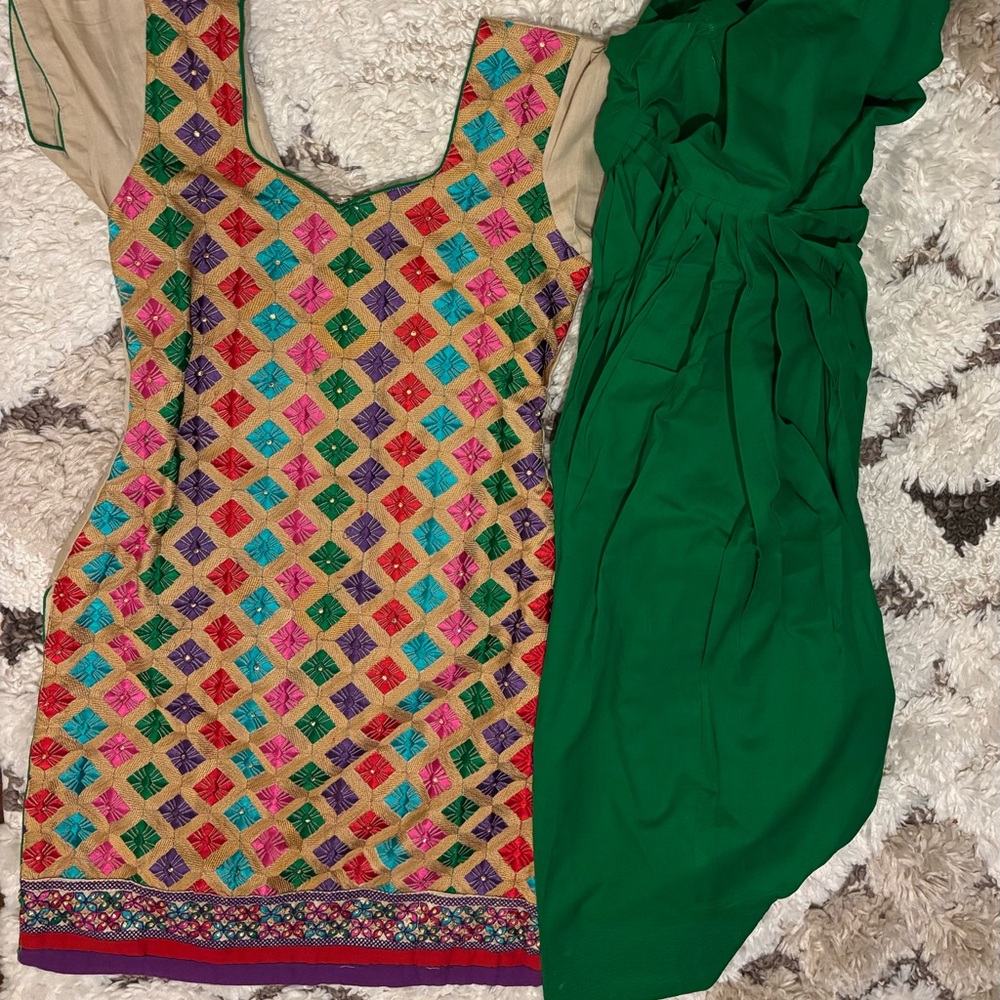 Colorful Embroidered Dress with Green Fabric